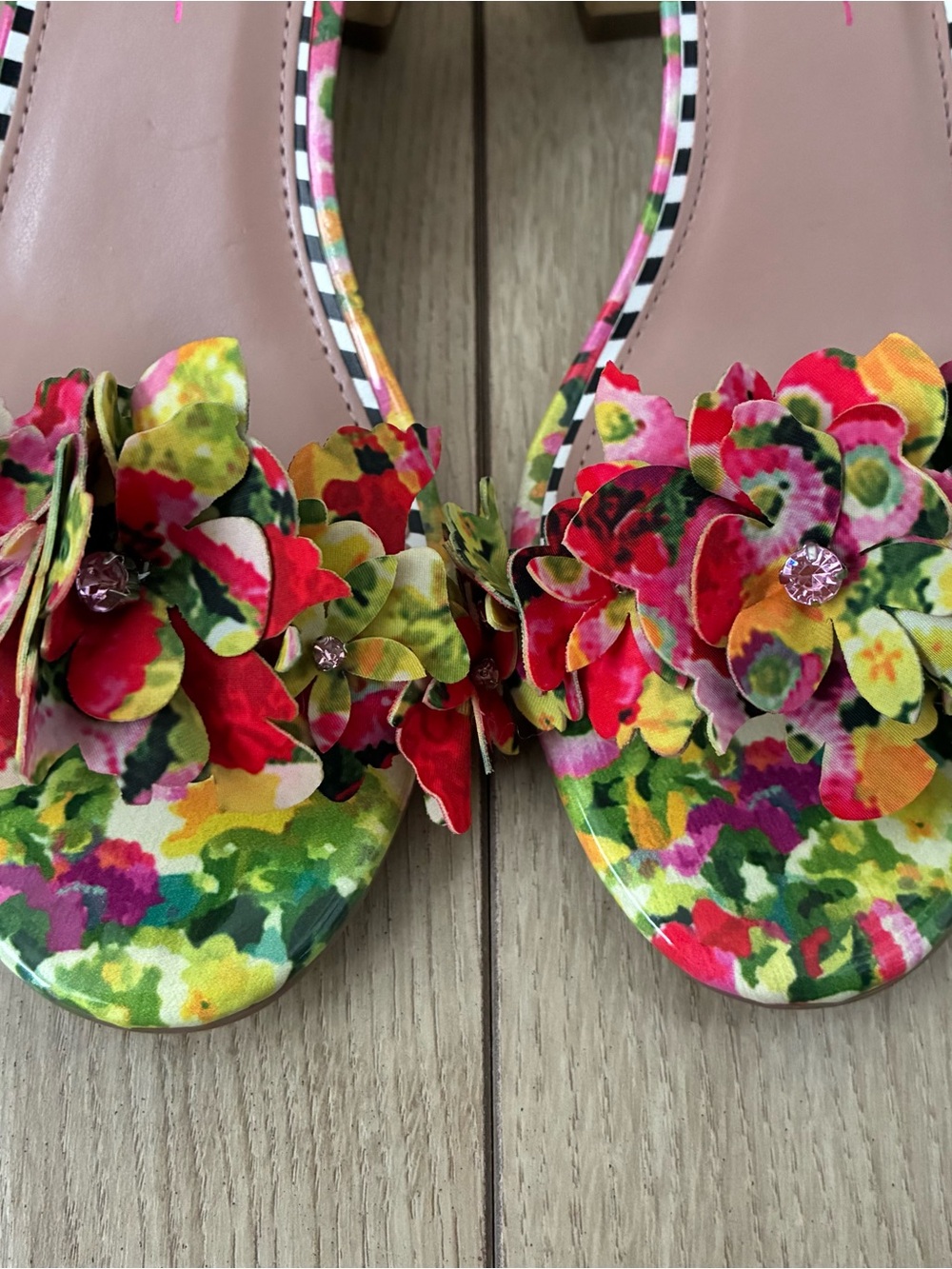 Betsey Johnson Floral Appliqué Ankle-Strap Sandals in Pink, Green, Yellow, Gold - Picture 4 of 4